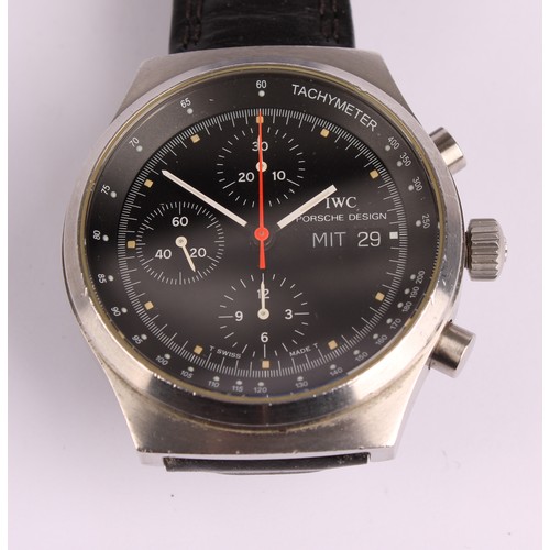 1044 - An IWC/Eterna automatic Porche Design wristwatch, black dial, signed IWC Porsche Design, three white... 