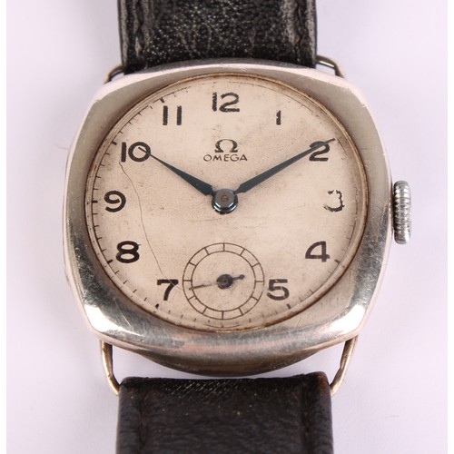 1055 - Omega  - a 1920s silver cushion cased mechanical wristwatch, 28mm wide case, white dial, Arabic nume... 