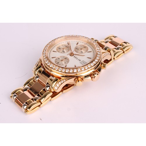 1058 - Selin - An 18ct Tri-colour gold diamond set chronograph wristwatch, 38.5mm diameter case, white dial... 