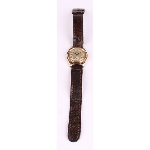 1077 - A Verity 1940s 9ct gold cased wristwatch, 28mm diameter case, two tone dial, Arabic numerals, subsid... 