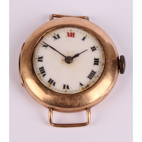 1080 - Rolex - an early 20th century 9ct gold watch head, unsigned white dial, black Roman numerals, Red XI... 