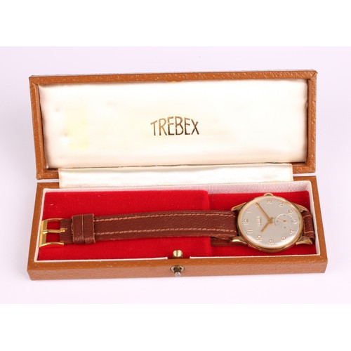 1091 - A Trebex 9ct gold cased wristwatch, brushed silver Dial, raised Arabic numerals, subsidiary seconds,... 