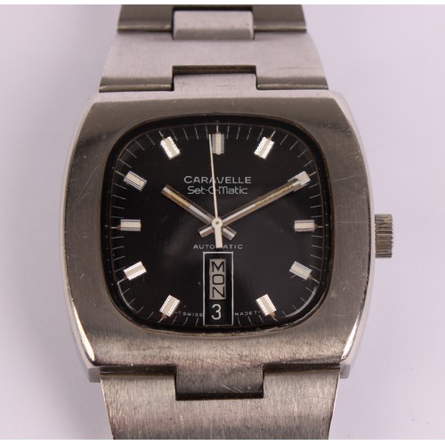 1112 - Bulova - a Carravelle Set-O-Matic automatic wristwatch, 36mm brushed Steel Tv case, black dial, bloc... 