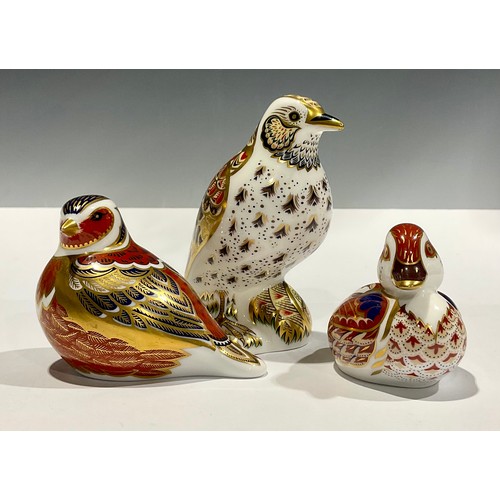 6 - Royal Crown Derby Paperweights - Song Thrush, gold stopper, Chaffinch and Swimming Duckling, silver ... 