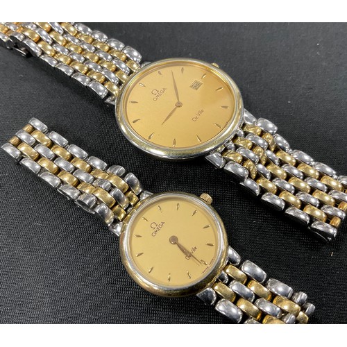 1137 - Omega De Ville - a pair of gentleman's and lady's quartz wristwatches, champagne dials, block baton ... 