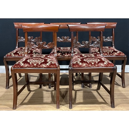 222 - A set of five George IV design mahogany bar-back dining chairs, the mid-rails carved with scrolling ... 