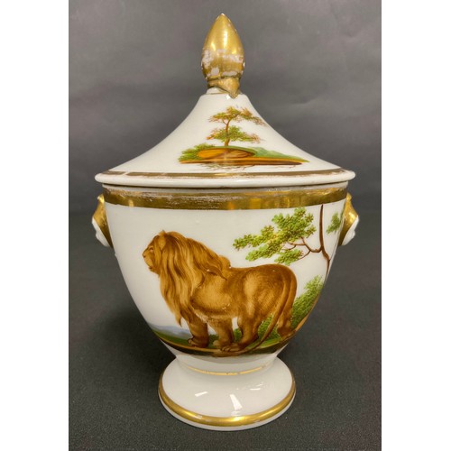 62 - A 19th century French porcelain sucrier, painted with a lion and a leopard, 18.5cm