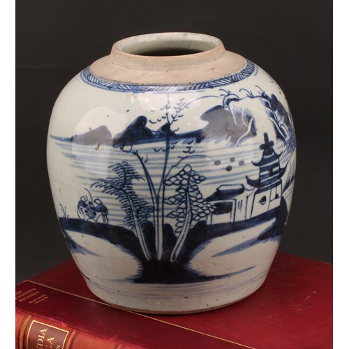 68 - A Chinese ovoid ginger jar, painted in tones of underglaze blue with a landscape, 23cm high, 19th ce... 