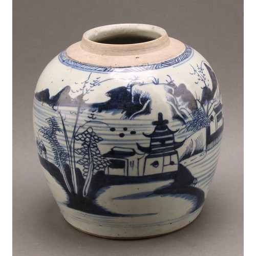 68 - A Chinese ovoid ginger jar, painted in tones of underglaze blue with a landscape, 23cm high, 19th ce... 