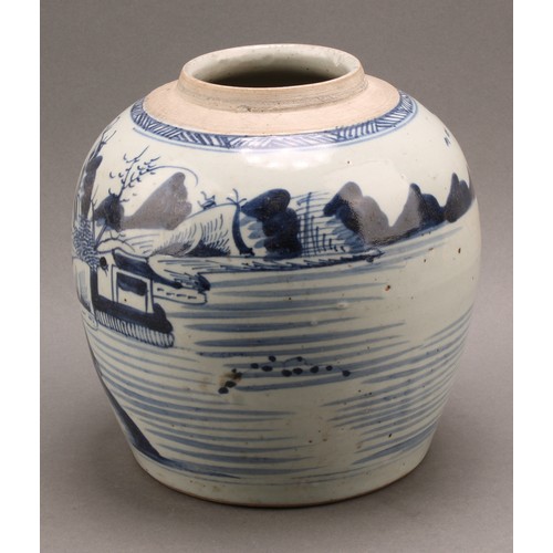 68 - A Chinese ovoid ginger jar, painted in tones of underglaze blue with a landscape, 23cm high, 19th ce... 