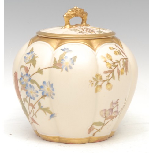 69 - A Royal Worcester lobed ovoid biscuit barrel and cover, decorated with flowers on an ivory ground, d... 