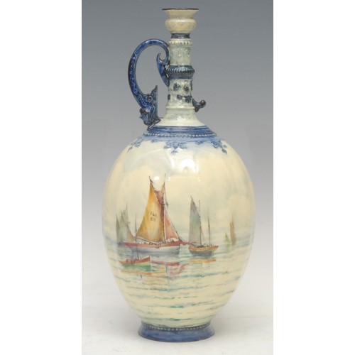 70 - A Royal Crown Derby lobed ovoid ewer, painted in the manner of W.E.J. Dean, with sailing boats again... 