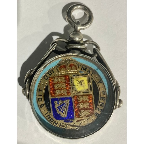 549 - A silver Albert fob, inset with Victorian enamelled 1887 sixpence, Edward Durban & Co, Chester, 1901... 