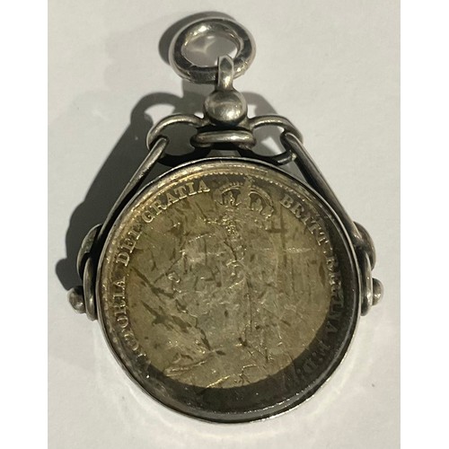 549 - A silver Albert fob, inset with Victorian enamelled 1887 sixpence, Edward Durban & Co, Chester, 1901... 