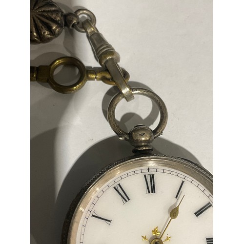 554 - A late 19th century continental lady's silver open face pocket watch, white enamel dial, Roman numer... 