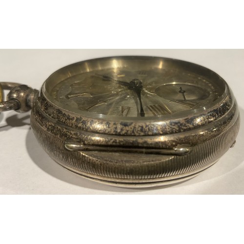 559 - A Victorian silver open face pocket watch, engine turned case and silvered dial, Roman numerals in r... 