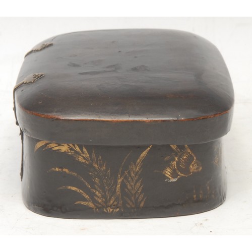 3060 - A Chinese lacquer rounded rectangular scholar's box, hinged cover, brass strap hinges, 19.5cm wide, ... 