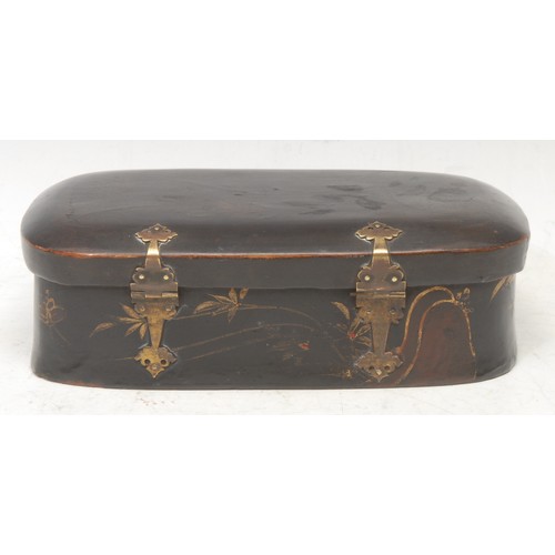 3060 - A Chinese lacquer rounded rectangular scholar's box, hinged cover, brass strap hinges, 19.5cm wide, ... 