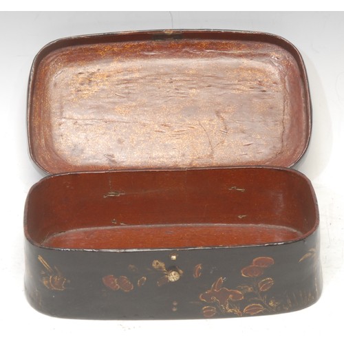 3060 - A Chinese lacquer rounded rectangular scholar's box, hinged cover, brass strap hinges, 19.5cm wide, ... 