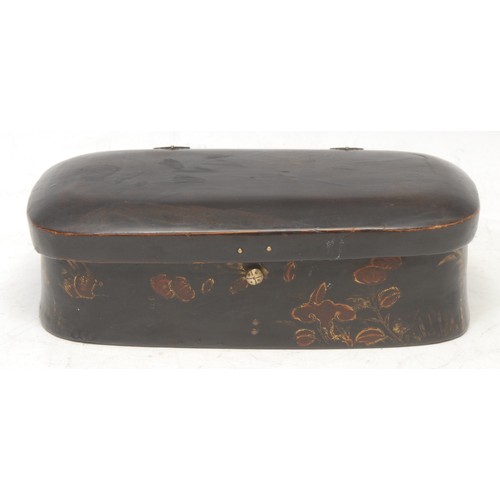 3060 - A Chinese lacquer rounded rectangular scholar's box, hinged cover, brass strap hinges, 19.5cm wide, ... 