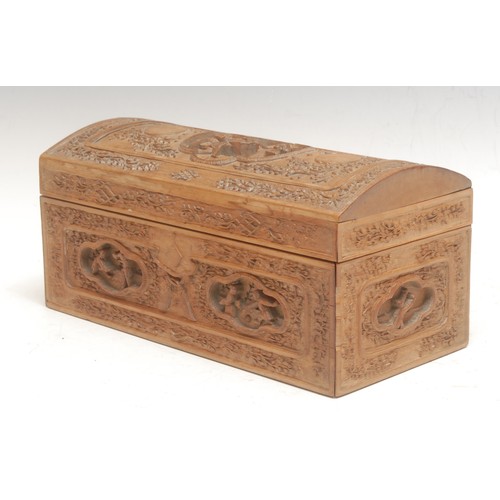 3061 - A Chinese sandalwood rectangular box, hinged domed cover, carved overall in the Cantonese taste, 22c... 