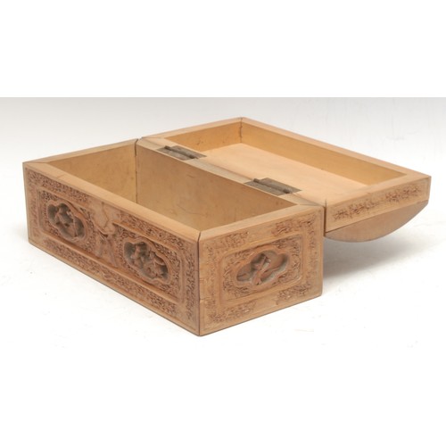 3061 - A Chinese sandalwood rectangular box, hinged domed cover, carved overall in the Cantonese taste, 22c... 