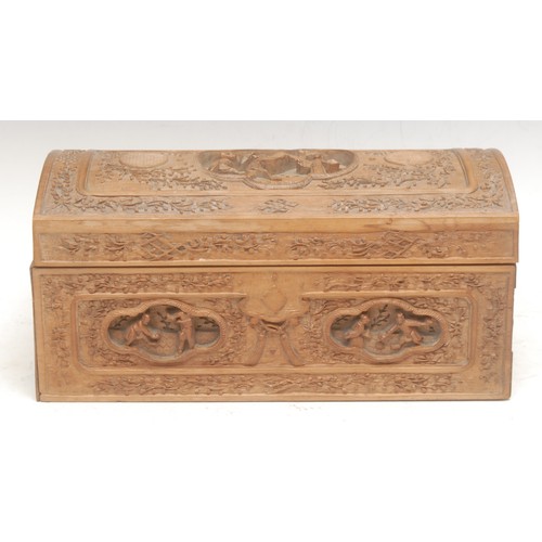 3061 - A Chinese sandalwood rectangular box, hinged domed cover, carved overall in the Cantonese taste, 22c... 