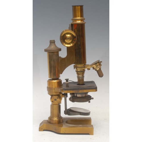 3724 - A late 19th century E. Leitz Wetzlar lacquered brass monocular microscope, No.38843, the fitted case... 