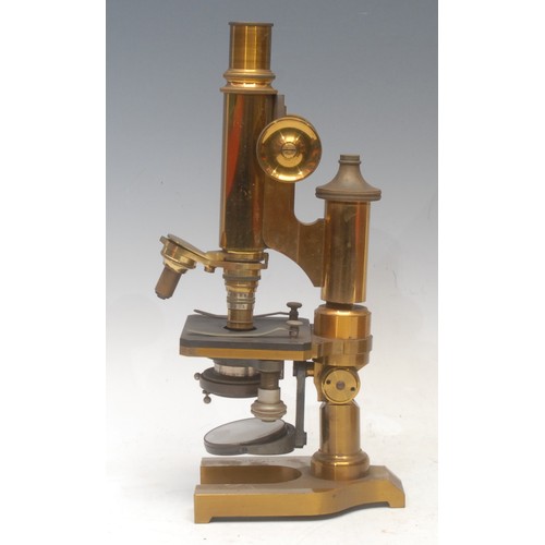 3724 - A late 19th century E. Leitz Wetzlar lacquered brass monocular microscope, No.38843, the fitted case... 