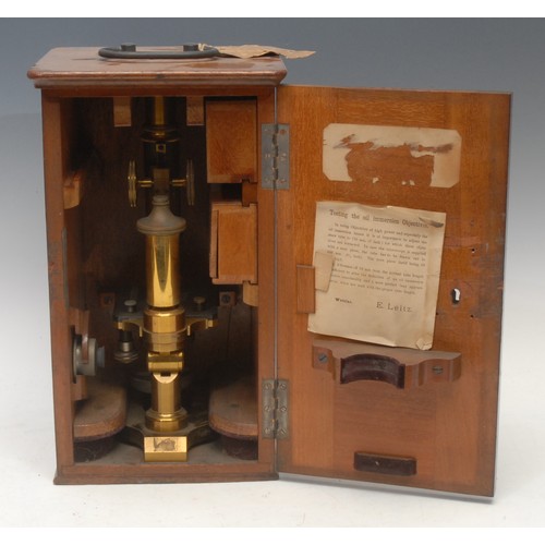 3724 - A late 19th century E. Leitz Wetzlar lacquered brass monocular microscope, No.38843, the fitted case... 