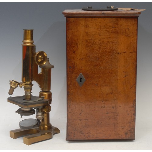 3724 - A late 19th century E. Leitz Wetzlar lacquered brass monocular microscope, No.38843, the fitted case... 