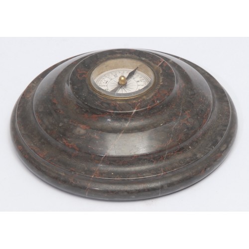 3076 - A Derbyshire fossil stone turned circular compass desk weight, 9cm diam, 19th century