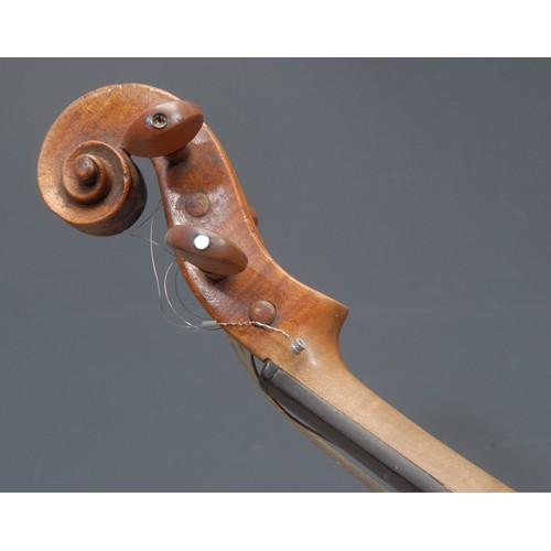 3743 - A violin, the two piece back 35cm long excluding button, the front inlaid, unmarked, cased with bow