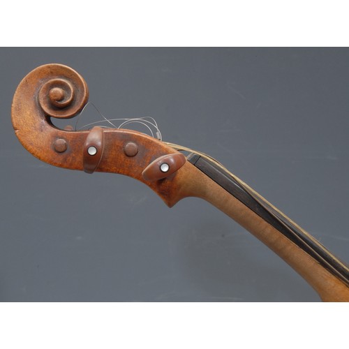 3743 - A violin, the two piece back 35cm long excluding button, the front inlaid, unmarked, cased with bow