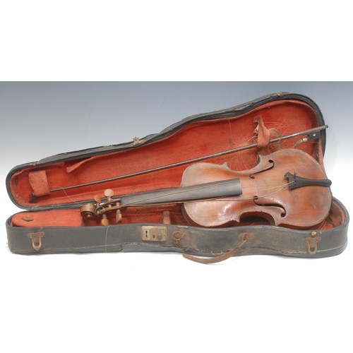 3743 - A violin, the two piece back 35cm long excluding button, the front inlaid, unmarked, cased with bow