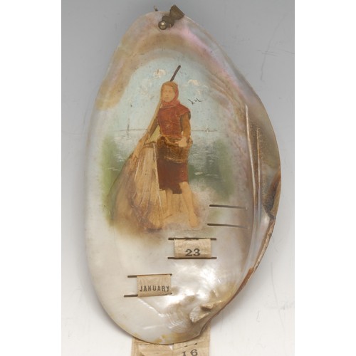 3008 - A 19th century mussel shell calendar, transfer printed and hand-painted with a fisherwoman, slots fo... 