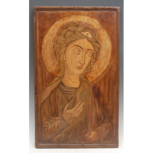 3071 - A Continental marquetry icon, inlaid with a saint in the Eastern Orthodox tradition, 57cm x 34cm