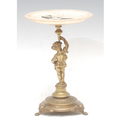 3537 - A 19th century gilt metal and pietra dura figural tazza, cast with a Bacchic infant, 18.5cm high