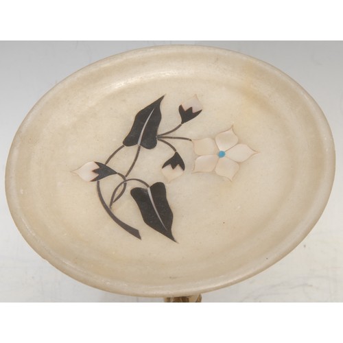 3537 - A 19th century gilt metal and pietra dura figural tazza, cast with a Bacchic infant, 18.5cm high