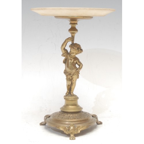 3537 - A 19th century gilt metal and pietra dura figural tazza, cast with a Bacchic infant, 18.5cm high