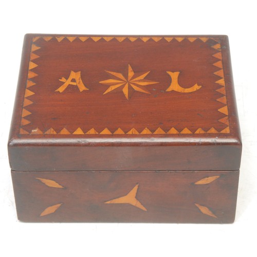 3004 - A 19th century mahogany and marquetry folk art box and cover, possibly a sailor's valentine, inlaid ... 