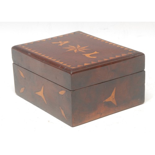 3004 - A 19th century mahogany and marquetry folk art box and cover, possibly a sailor's valentine, inlaid ... 