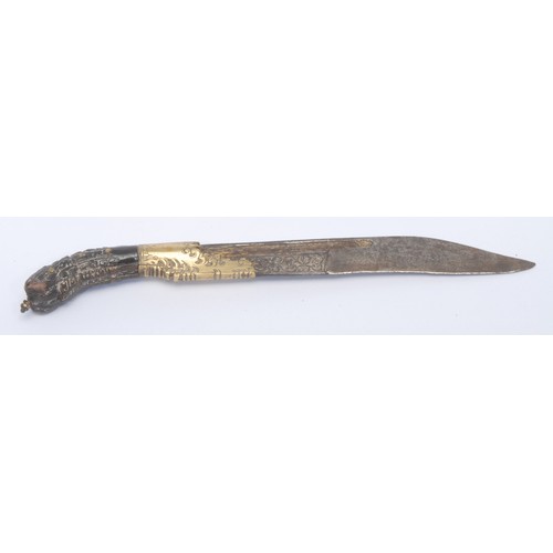 3026 - A 19th century South Asian Piha Kaetta dagger, damascened steel blade terminating with a brass and h... 