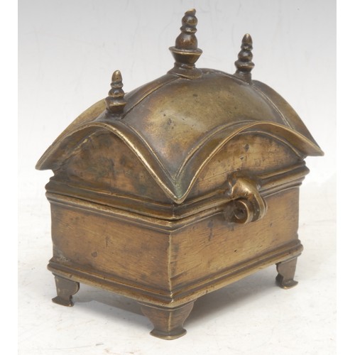 3014 - A 19th century Ottoman style bronze deed box or casket, the domed architectural cover topped with th... 