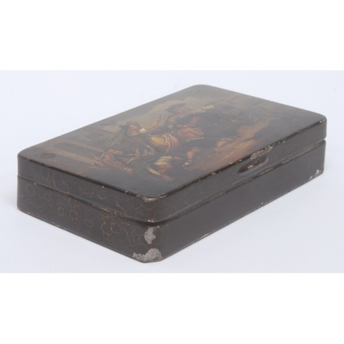 3027 - A 19th century Stobwasser type tin table snuff box, the hinged cover painted with a Spanish battle s... 