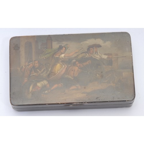 3027 - A 19th century Stobwasser type tin table snuff box, the hinged cover painted with a Spanish battle s... 