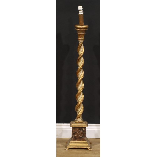 3081 - A French Empire style giltwood torchère, barley-twist column, marble effect pedestal base, 94cm to t... 