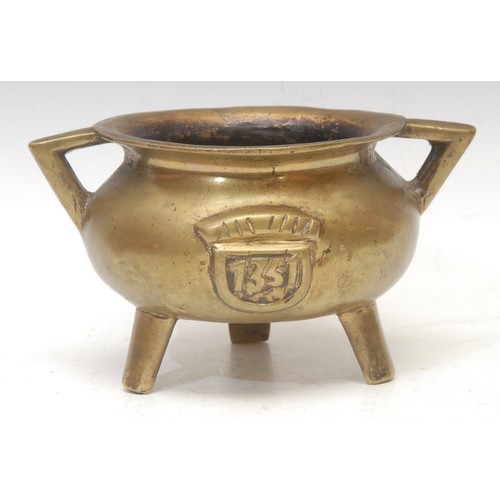 3546 - A 19th century bronze commemorative censer or cauldron, applied with the date 1351, triangular lug h... 