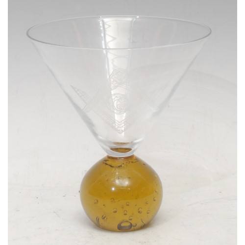 3621 - A 20th century Masonic presentation glass cup, the bowl etched with the letter G within compass and ... 