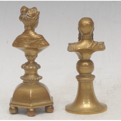 3552 - A bronze cabinet bust, of a Prussian officer, pedestal base, 10cm high overall; another, a lady (2)